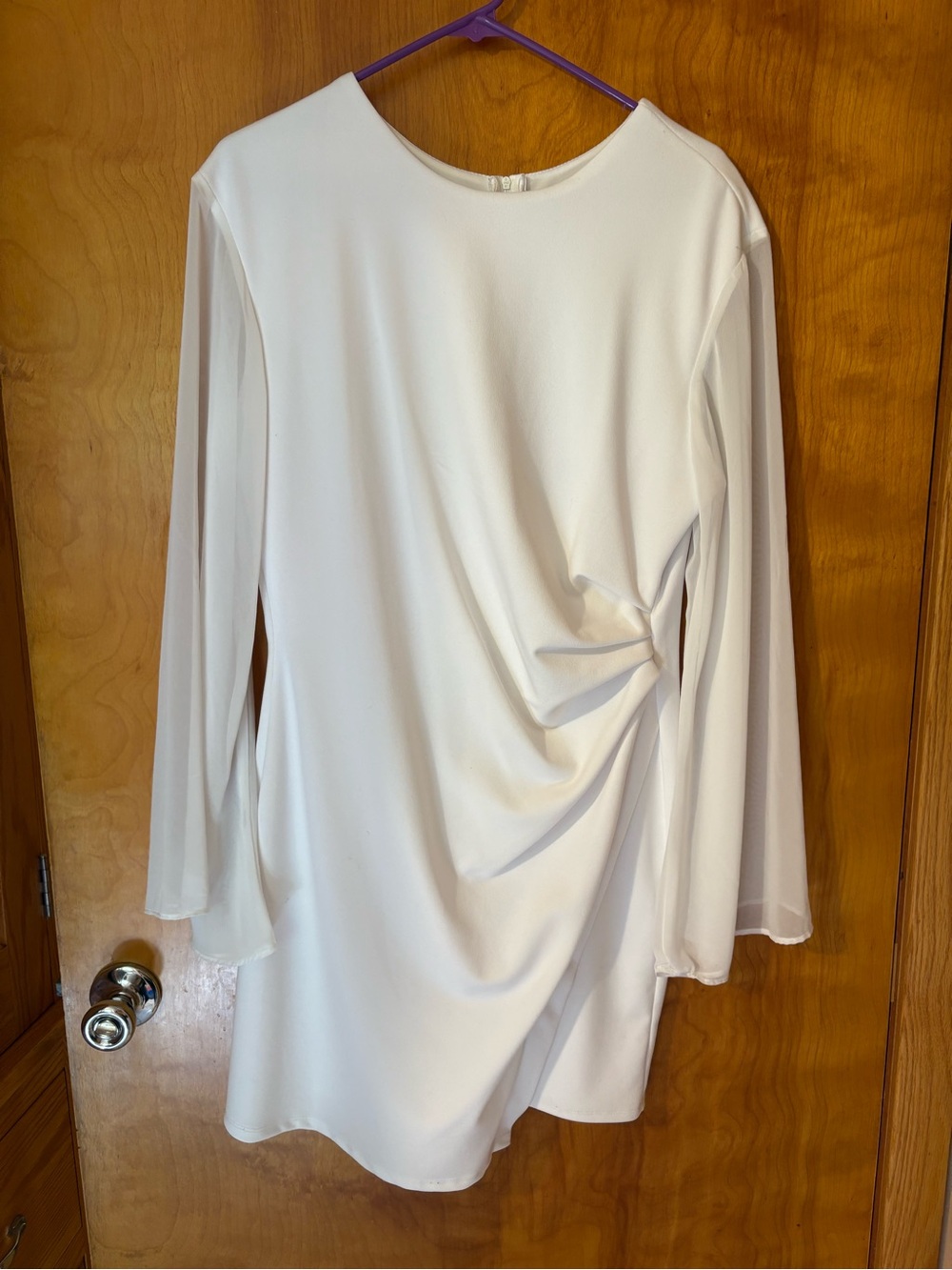 Premier White Long-Sleeve Draped Side Dress